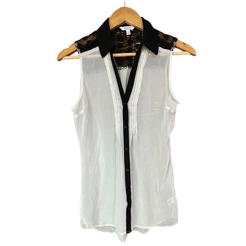 CANDIES x Womens Y2K Sheer White and Black Sleeveless Button Up Blouse Size S